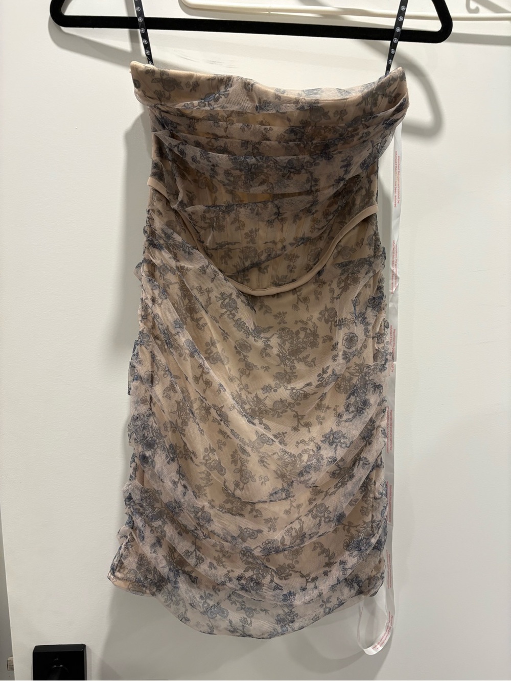 Missguided Strapless Beige Dress with Blue Floral Mesh
